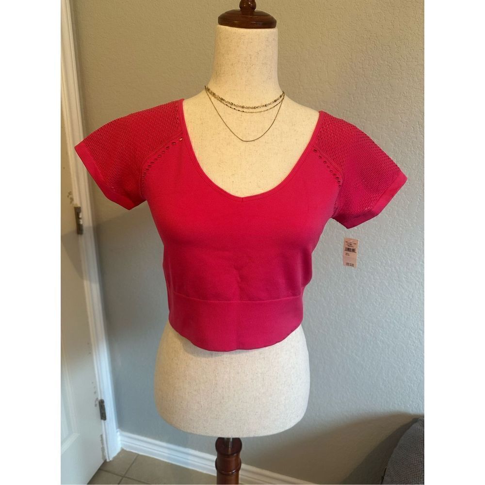 NWT Aerie Offline Seamless Pink Cropped Athletic Short Sleeve Top - Size Large